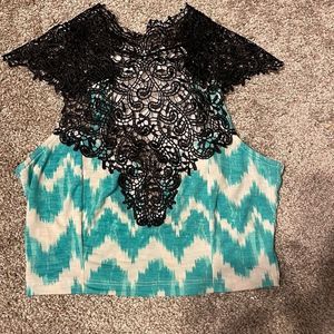 Thin High Neck Lace Ribbon Teal White and Black Crop Top